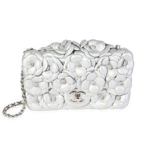 Chanel Silver Quilted Leather Camellia Mini Rectangular Flap Bag